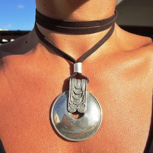 Statement Silver Chunky Pendant leather Necklace • Bohemian Neotribal Jewelry