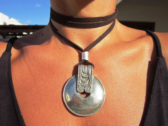 Statement Silver Chunky Pendant leather Necklace • Bohemian Neotribal Jewelry