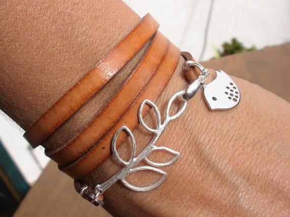 Silver & Leather Custom Bracelet Gift for Her • Personalized Handmade Jewelry Gift • Beaded Charm Bracelet Personalized Gifts for Birthday