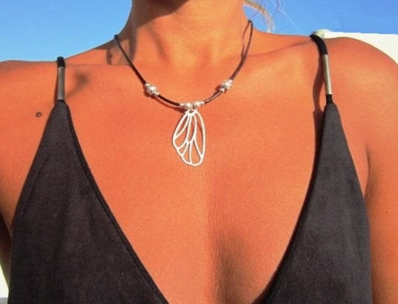 Silver Butterfly Wing Pendant Necklace  Personalized Beaded Statement Jewelry