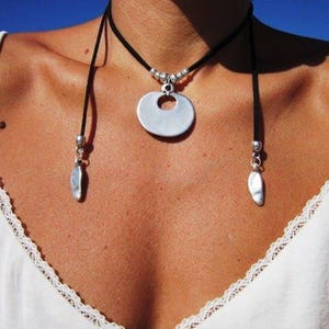 Statement Silver Chunky Pendant leather Necklace • Bohemian Neotribal Jewelry • Custom necklace Best Selling Items • Host Gift for Her
