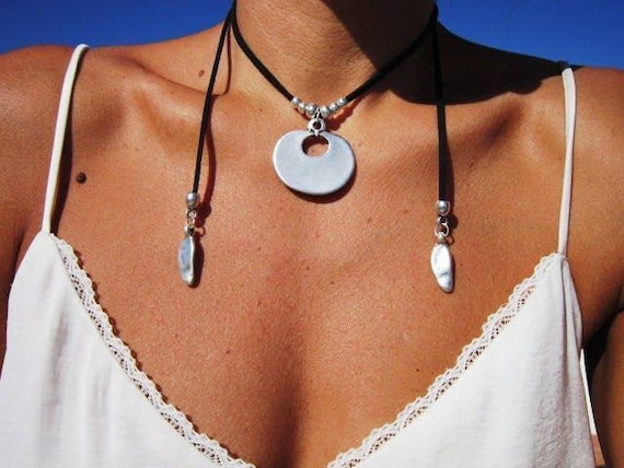 Statement Silver Chunky Pendant leather Necklace • Bohemian Neotribal Jewelry • Custom necklace Best Selling Items • Host Gift for Her