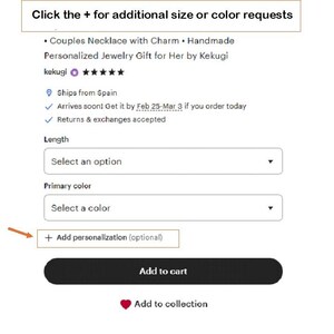 The image is a screenshot of a website's checkout page, displaying a form for adding personalization to a necklace. The form includes fields for selecting the necklace's length, primary color, and additional customization options.