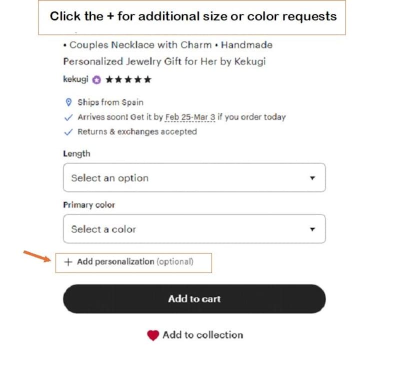 The image is a screenshot of a website's checkout page, displaying a form for adding personalization to a necklace. The form includes fields for selecting the necklace's length, primary color, and additional customization options.