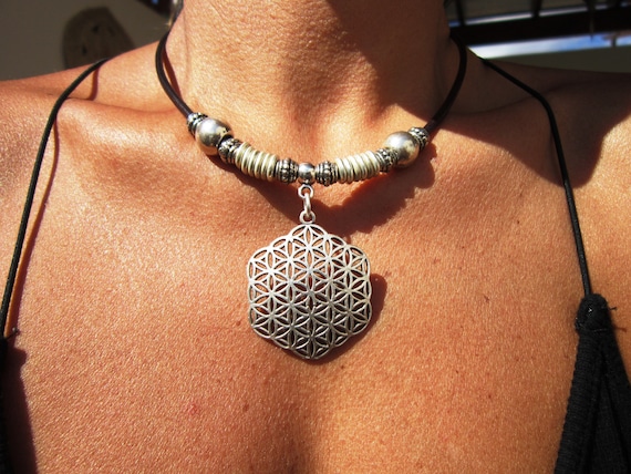 flower of life necklace, long pendant bohemian leather necklace, modern geometric necklace, kekugi handmade jewelry, boho jewelry