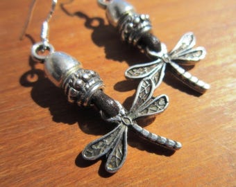 Silver Dangle Drop dragonfly Earrings • statement Beaded and Boho with sterling hook