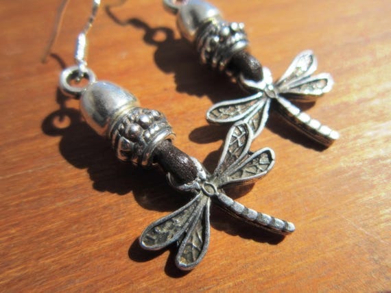 Gift for her hook sterling silver dragonfly earrings dangle, statement drop beaded earrings. Personalized handmade jewelry