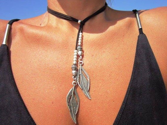 Silver Feather Lariat Necklace  Long Y Necklace  Fashion Jewelry for Women