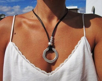 long eternity necklace, silver ring leather necklace, long necklaces, silver necklaces, fashion jewelry, ring necklace, silver ring