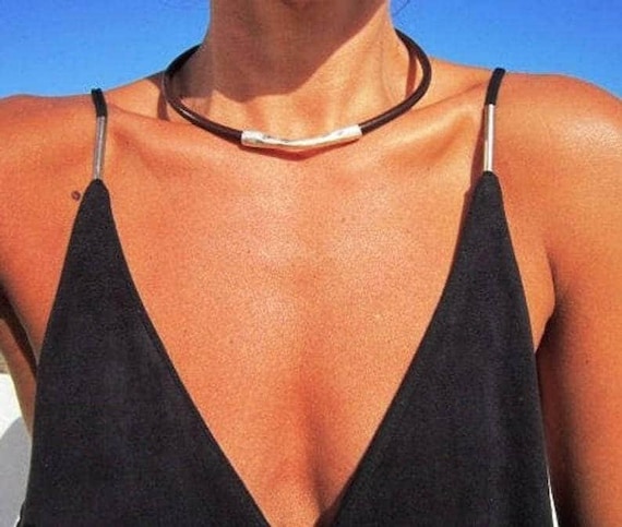 Silver and Leather Choker Necklace • Silver Necklaces for Women • Bohemian Handmade Jewelry • Best selling items gift for Her by Kekugi