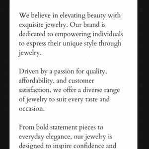 a text box with a bold statement about the brand's approach to jewelry, which emphasizes the brand's dedication to empowering individuals to express their unique style through jewelry.