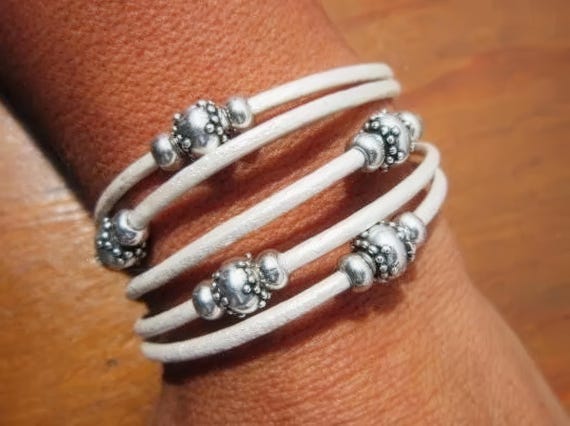 white Leather & Silver Charm Beaded Bracelet • Handmade Jewelry Gift for Her • Custom Bracelet gift • Personalized jewelry gifts by kekugi