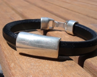 Silver and Leather mens bracelet, friendship couples bracelet, men cuff bracelet, handmade silver mens jewelry, unique gifts for men