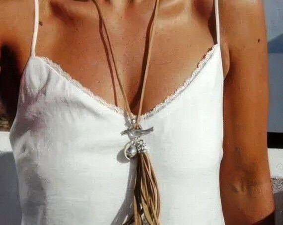 Boho Leather and Silver Beaded Pendant Necklace • Long Statement Chunky Charm Necklace Host Gift for Her • Bohemian Jewelry by kekugi