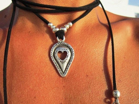 Boho Leather and Silver Beaded Pendant Heart Necklace • Long Statement Chunky Charm Necklace Gift for Her • Bohemian Jewelry Galentine Gift