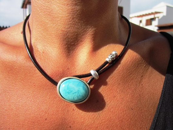 Turquoise Faux leather cord silver beaded choker necklace •  vegan jewelry