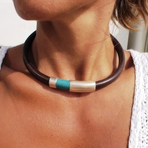 Turquoise Leather Choker Necklace • Silver Necklaces for Women • Bohemian Handmade Turquoise Greek Jewelry • Best selling items by kekugi