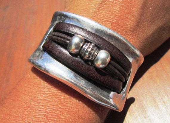 half bracelet, womens leather bracelet, wide silver and leather bracelet, cuff Bracelet