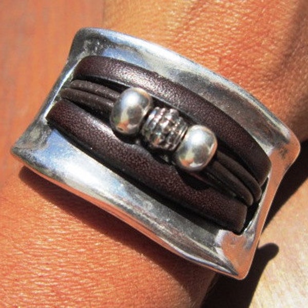 half bracelet, womens leather bracelet, wide silver and leather bracelet, cuff Bracelet