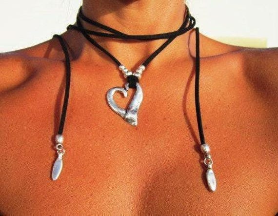 Handmade Leather Choker Heart Necklace Gift for Her • Unique Couples Necklace Jewelry • Personalized Jewelry Best selling items Host Gift
