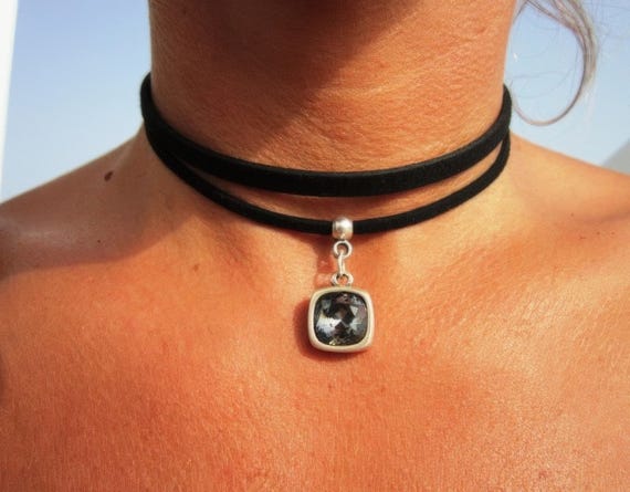 Bohemian Leather Choker Necklace beaded with swarovski charm • Handmade Jewelry Best selling items