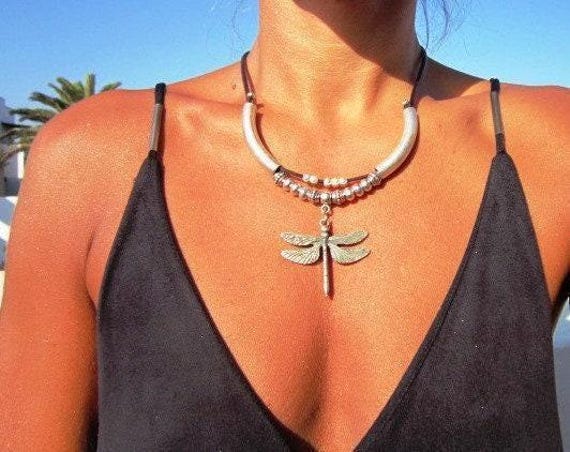 Silver layered Necklace featuring a Dragonfly Pendant Charm • Bohemian Personalized Handmade Jewelry • Best selling items Gift for her