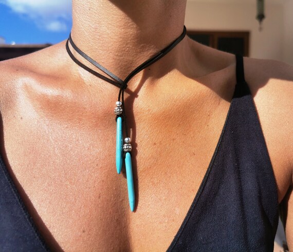 turquoise jewelry, lariat y necklace, turquoise necklace, statement leather necklace for women, handmade jewelry, boho silver jewelry