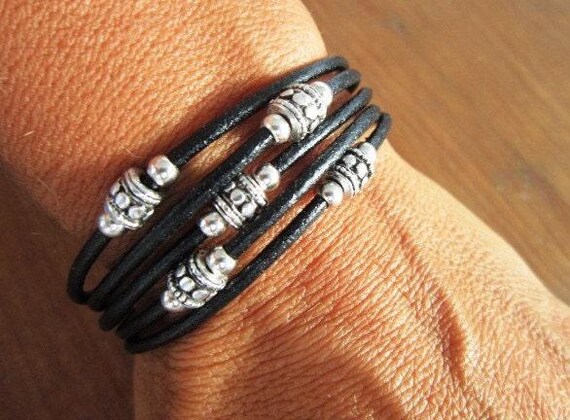 Silver & Leather Custom Bracelet Gift for Her • Personalized Handmade Jewelry Gift • Beaded Charm Bracelet Personalized Gifts for Birthday