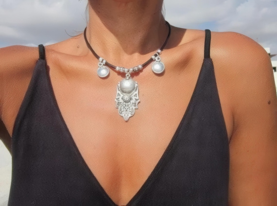 Leather Pendant Necklace • Silver Plated Bohemian Jewelry