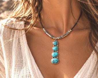Turquoise Leather Necklace Silver Beaded with Charm - Bohemian Handmade Jewelry