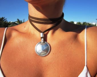 Layered Statement Silver Beaded Necklace with Boho coin pendant • Couples Necklace Handmade Personalized Jewelry