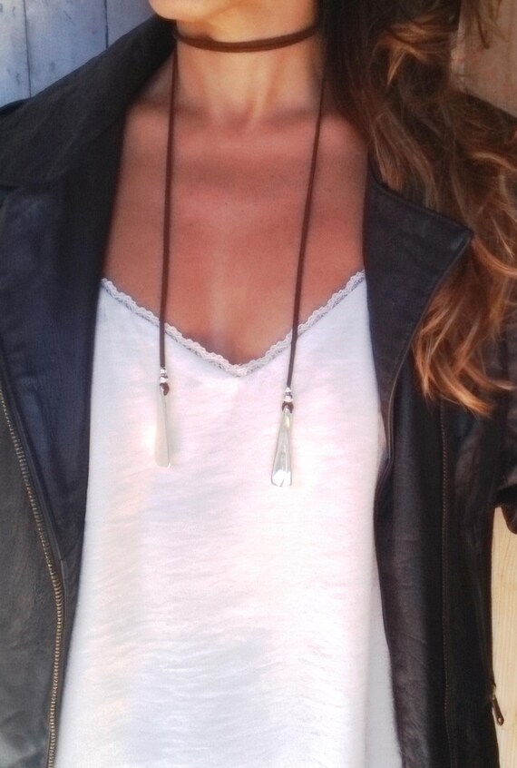 Boho Leather and Silver wrap  Beaded Pendant Necklace • Long Statement Chunky Charm Necklace