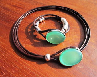 Collana girocollo in pelle color acquamarina • Collane abbinate in argento per donna • Gioielli boho fatti a mano e personalizzati • Articoli più venduti