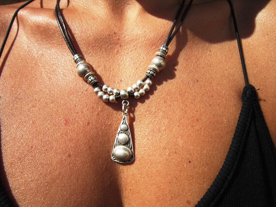 Layered Statement Silver Beaded Necklace with charm • Couples Necklace with Charm • Handmade Personalized Jewelry Gift for Her by Kekugi