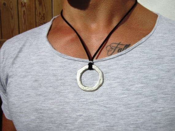 silver ring Mens Necklace Leather Pendant Necklace – Handmade Jewelry Gift for Him Personalized Jewelry by Kekugi
