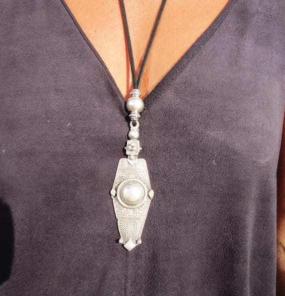 Statement Silver Chunky Pendant leather Necklace • Bohemian Neotribal Jewelry • Custom necklace Best Selling Items • Host Gift for Her