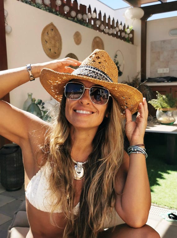 Cowboy straw Hat for Bride or bachelorette party, Coastal cowgirl hat, Handmade hats Bohemian festival Summer Accessory