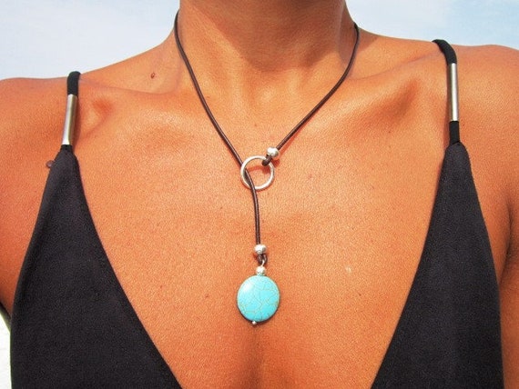 resin turquoise leather necklace, lariat necklace, y shapped necklace, turquoise jewelry, y silver necklace, bohemian jewelry