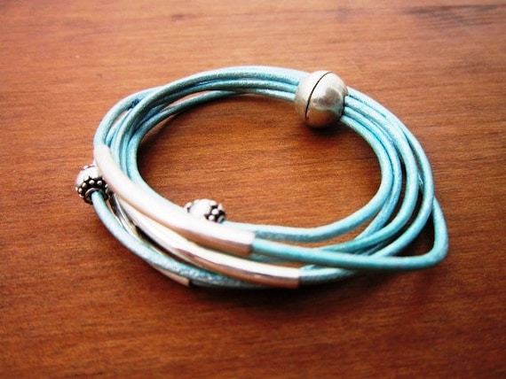 blue aqua wrap bracelet, turquoise jewelry, silver jewelry, womens ladies bracelets