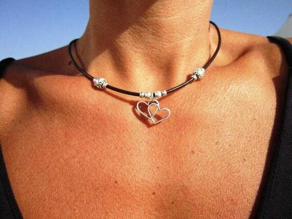Heart necklace pendant, heart jewelry choker necklace, leather Chokers, Choker necklaces, leather Choker necklace, silver chokers