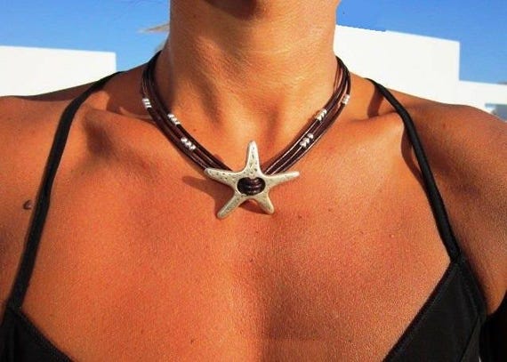 Silver Beaded Necklace with starfish Charm • Bohemian Handmade jewelry • Necklaces for Women • Personalized Jewelry Gift for Her