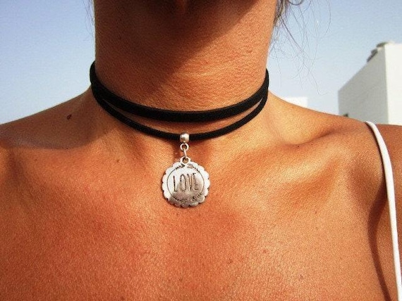 Silver Beaded Leather Choker Necklace with love charm  • Handmade personalized jewelry gift for her