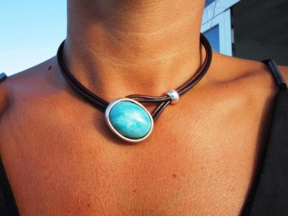 Turquoise silver Leather Choker Necklace • Silver Necklaces for Women • Bohemian Handmade Turquoise Jewelry • Best selling items by kekugi