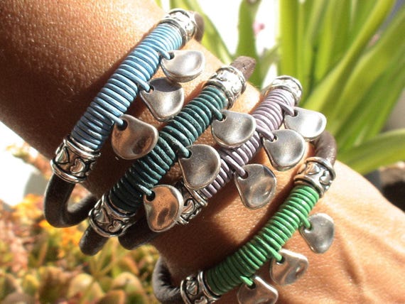 Bohemian Leather and Silver Beaded Bracelet Jewelry • Handmade Personalized Jewelry Gifts • Custom Bracelet Gift for Her by Kekugi