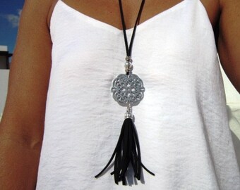 long leather necklace, tassel necklaces, bohemian jewelry, boho necklace, silver jewelry, fashion jewelry