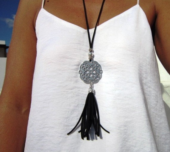 long leather necklace, tassel necklaces, bohemian jewelry, boho necklace, silver jewelry, fashion jewelry