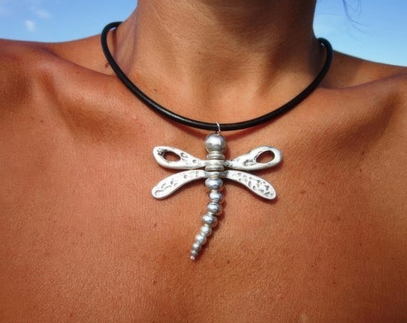 Dragonfly silver pendant necklace, leather Choker necklace, statement boho chic silver pendant necklace, handmade jewelry designs