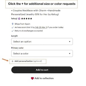 The image is a screenshot of a website's checkout page, displaying a form for adding personalization to a necklace. The form includes fields for selecting the necklace's length, primary color, and additional customization options.
