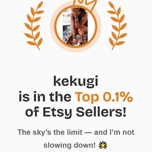 The image is a collage of two images. The top image shows a person in a crown, and the bottom image depicts a person in a crown. The text below the images states that "Kekugi is in the Top 0.1% of Etsy Sellers!" and that the sky is the limit, and the seller is not slowing down.