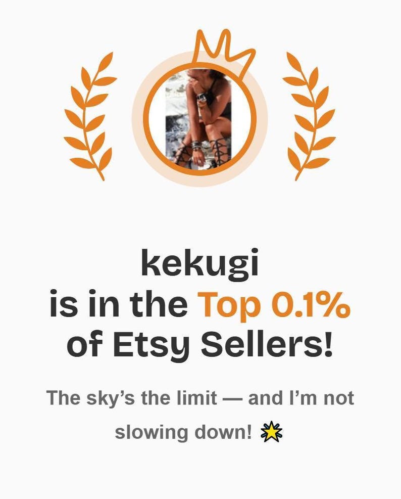 The image is a collage of two images. The top image shows a person in a crown, and the bottom image depicts a person in a crown. The text below the images states that "Kekugi is in the Top 0.1% of Etsy Sellers!" and that the sky is the limit, and the seller is not slowing down.